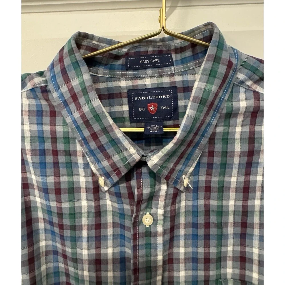 SADDLEBRED Men's Big & Tall Long Sleeve Plaid Shirt Jacket Blue Green 2XLT Large